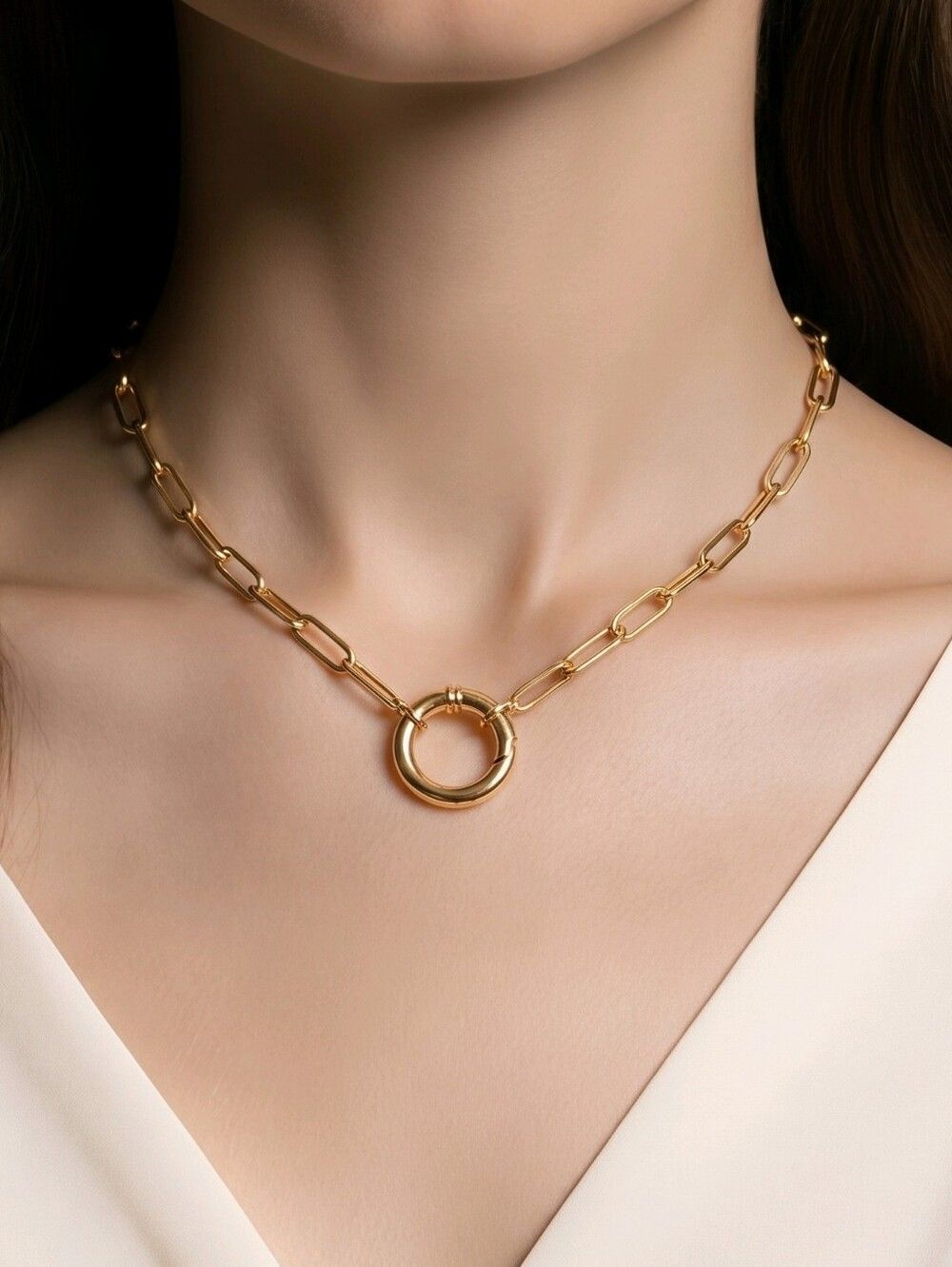 Gold Paperclip Chain Necklace O Ring Carabiner Charm Holder Stainless Steel Luxe